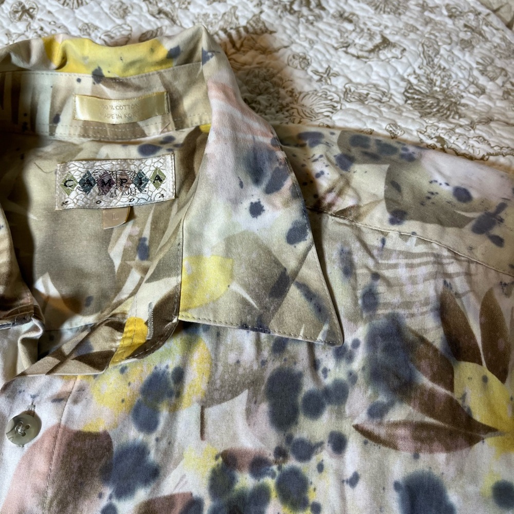 VTG Campia Mens L Tan Yellow Bleach Dye Grunge Hawaiian Travel Burton Shirt